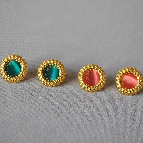 Orecchini a Bottone Tondi in Ottone Placcato Oro Vintage Francese Con Perno in Argento Sterling 925 Strass Gioielli Donna