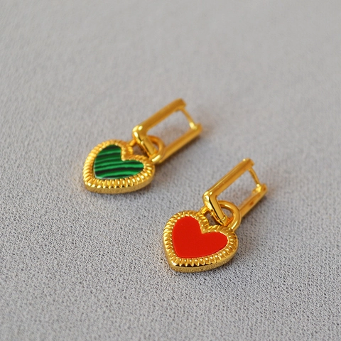 Boucles d'Oreilles Cœur en Laiton Plaqué Or 18K Vintage Double Face Coquillage Malachite Agate pour Femme