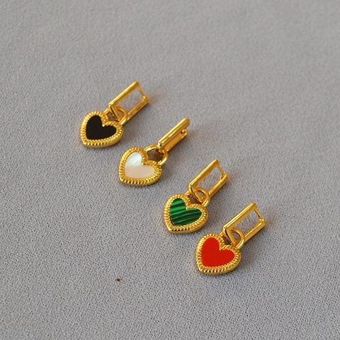 Boucles d'Oreilles Cœur en Laiton Plaqué Or 18K Vintage Double Face Coquillage Malachite Agate pour Femme