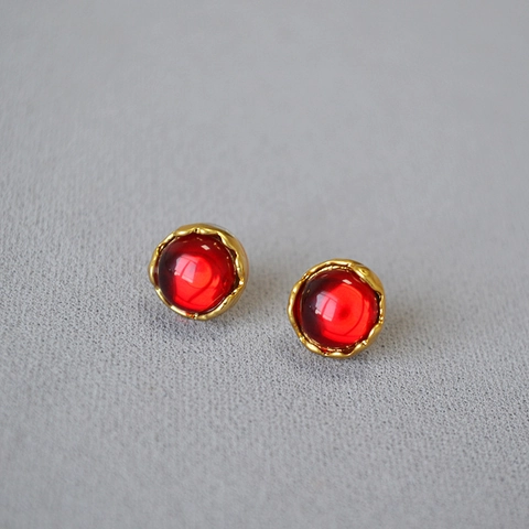 French Vintage Court Style Red Gemstone Stud Earrings Gold Plated Copper Elegant Jewelry With 925 Sterling Silver Post