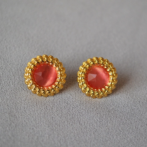 Orecchini a Bottone Tondi in Ottone Placcato Oro Vintage Francese Con Perno in Argento Sterling 925 Strass Gioielli Donna