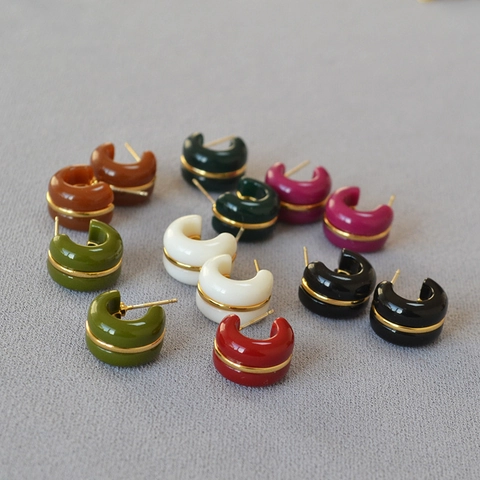 Minimalist C-Shape Stud Earrings With Gold Line Colorful Acrylic Chunky Korean Style Small Daily Hoop Earrings For Women