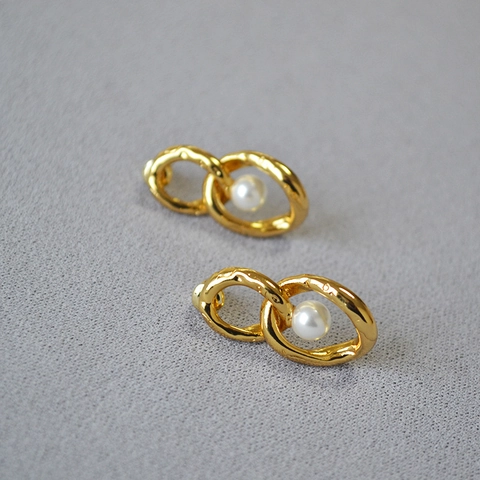 Vintage Orecchini a Bottone in Ottone Placcato Oro a Incastro Irregolare Con Perla Artificiale e Perno in Argento Sterling 925 Donna Gioielli