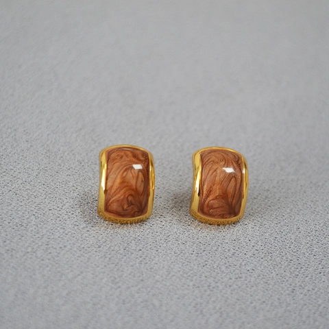 Orecchini a Bottone Francesi Vintage in Ottone Placcato Oro 18K Geometrici Rettangolari Smalto Stampa Marmo Perno in Argento Sterling 925 Donna