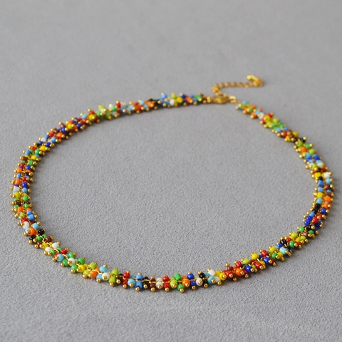 Collar Bohemio de Cuentas de Colores Tejido a Mano Mujer Cierre de Aleación Chapado en Oro Choker Arcoíris Ajustable Joyería Étnica