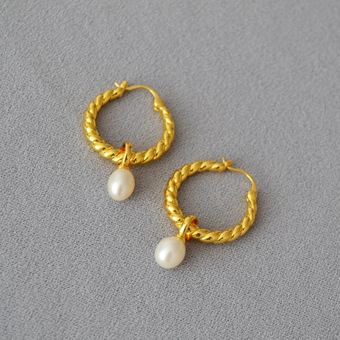 Orecchini a Cerchio in Ottone Torsione Vintage Con Ciondolo in Perla d'Acqua Dolce Gioielli Minimalisti Placcati Oro Donna