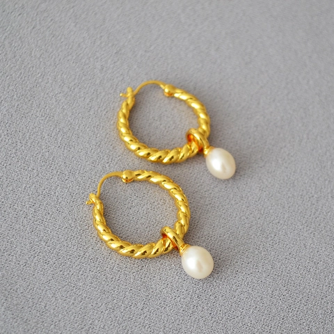 Orecchini a Cerchio in Ottone Torsione Vintage Con Ciondolo in Perla d'Acqua Dolce Gioielli Minimalisti Placcati Oro Donna