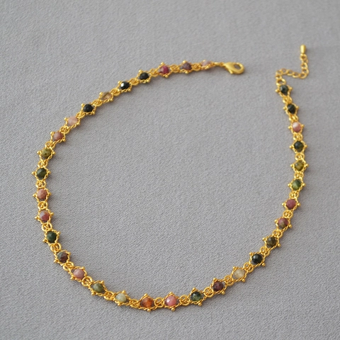 French Vintage Handmade Multi Color Tourmaline Beaded Necklace Bracelet For Women Brass Gold Plated Elegant Jewelry Gift