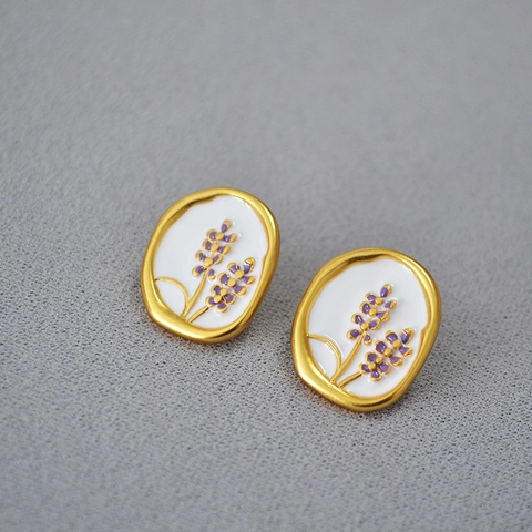 Vintage Francese Lavanda Smalto Ottone Orecchini a Bottone Con Perno in Argento Sterling 925 Oro Placcato Ovale Floreale Gioielli