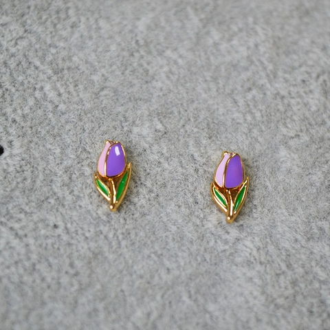 Pendientes de Botón con Forma de Flor de Tulipán en Esmalte Hecho a Mano en Latón Chapado en Oro Con Poste de Plata de Ley 925 Joyería Diaria Mujer
