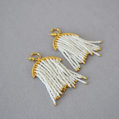 Bohemian Copper Beaded Tassel Earrings With 925 Sterling Silver Post Gold Plated White Seed Bead Fringe Drop Earrings For Women
