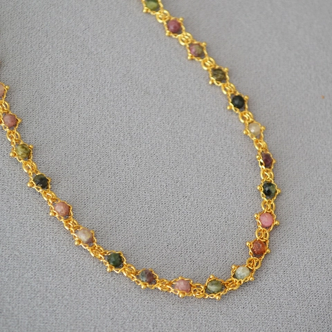 French Vintage Handmade Multi Color Tourmaline Beaded Necklace Bracelet For Women Brass Gold Plated Elegant Jewelry Gift