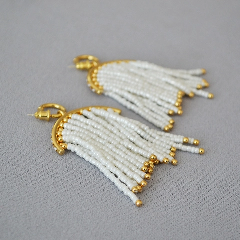 Bohemian Copper Beaded Tassel Earrings With 925 Sterling Silver Post Gold Plated White Seed Bead Fringe Drop Earrings For Women
