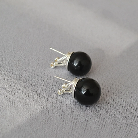 Pendientes de Botón de Ágata Negra Minimalistas Con Poste de Plata de Ley 925 Joyería de Moda Geométrica Redonda para Mujer Estilo Conmutar