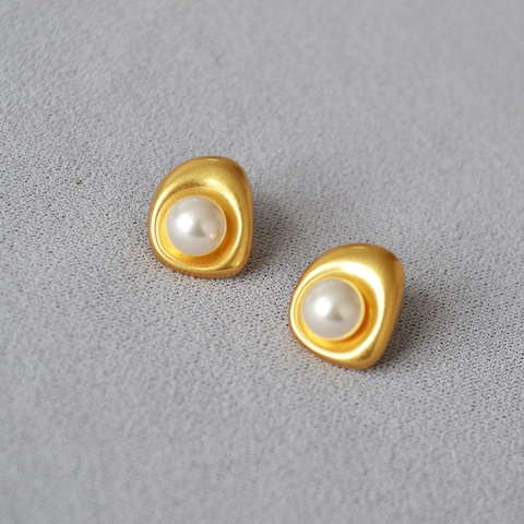 Pendientes de Botón de Latón Retro Francés Con Poste de Plata de Ley 925 Forma Orgánica Perla Artificial Ágata Joyería Mujer