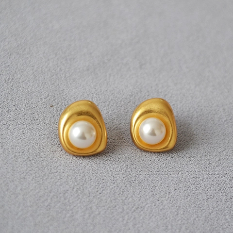 Pendientes de Botón de Latón Retro Francés Con Poste de Plata de Ley 925 Forma Orgánica Perla Artificial Ágata Joyería Mujer