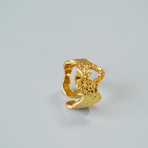 Anello Aperto in Ottone Vintage per Donna Design Martellato con Texture Lavica Cuore Cavo Regolabile Placcato Oro Argento Gioielli Anello