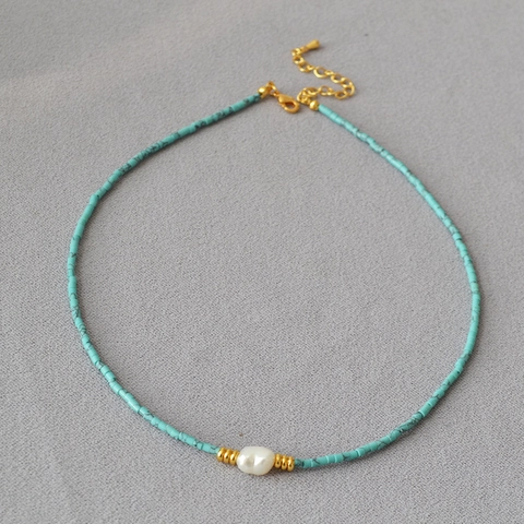 Collar Vintage Hecho a Mano Con Cuentas Turquesas Y Perla De Agua Dulce Barroca Irregular Con Cierre De Latón Dorado Para Mujer