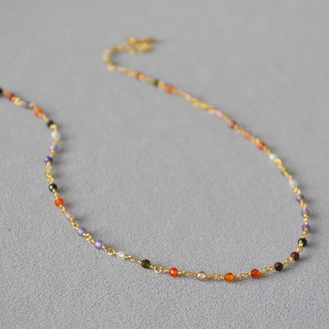 Collar de Cuentas de Circonia Multicolor Facetadas Latón Chapado en Oro de 18K Elegante Gargantilla Cadena Fina Joyería