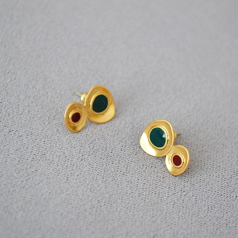 Orecchini a Bottone Irregolari Geometrici Vintage in Rame Placcato Oro Smalto Artigianale Perno in Argento Sterling 925 Donna