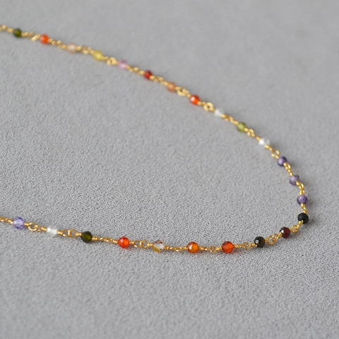 Collar de Cuentas de Circonia Multicolor Facetadas Latón Chapado en Oro de 18K Elegante Gargantilla Cadena Fina Joyería