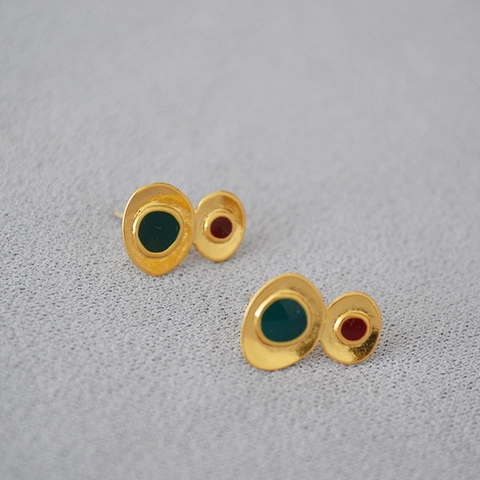 Orecchini a Bottone Irregolari Geometrici Vintage in Rame Placcato Oro Smalto Artigianale Perno in Argento Sterling 925 Donna