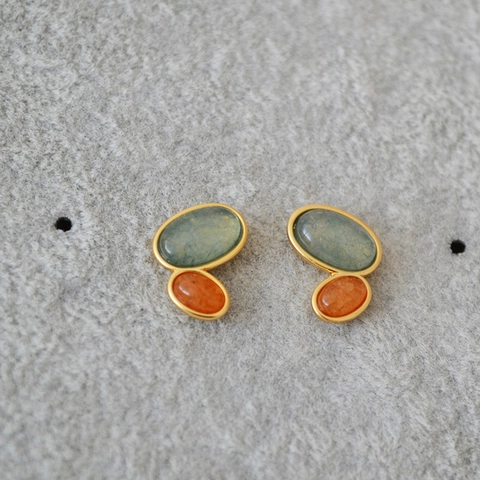 Vintage Brass Gold Plated Dual Natural Stone Stud Earrings For Women With 925 Sterling Silver Post Elegant Jewelry