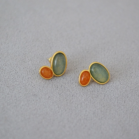 Vintage Brass Gold Plated Dual Natural Stone Stud Earrings For Women With 925 Sterling Silver Post Elegant Jewelry