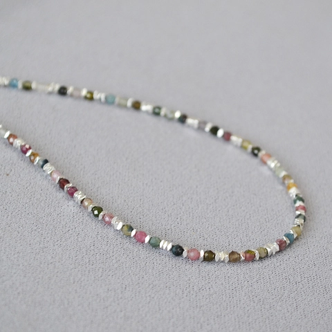 Handmade Natural Tourmaline Beaded Necklace For Women Vintage Irregular Silver Plated Beads Colorful Stone Clavicle Chain Jewelry