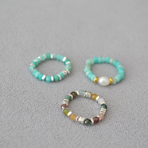 Handmade Beaded Elastic Ring For Women Vintage Tourmaline Amazonite Freshwater Pearl 925 Silver Plated Spacer Beaded Jewelry
