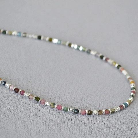 Handmade Natural Tourmaline Beaded Necklace For Women Vintage Irregular Silver Plated Beads Colorful Stone Clavicle Chain Jewelry