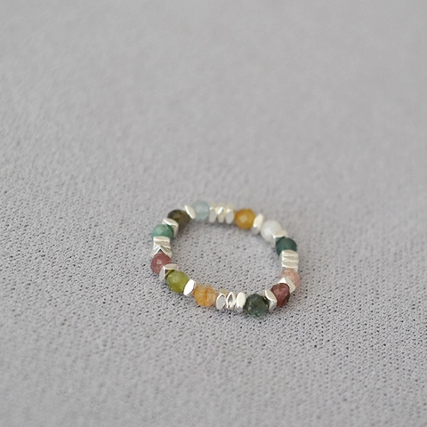 Handmade Beaded Elastic Ring For Women Vintage Tourmaline Amazonite Freshwater Pearl 925 Silver Plated Spacer Beaded Jewelry