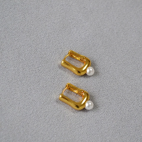 Pendientes de Aro Minimalistas de Latón en Forma de U para Mujer Bañados en Oro 18K Perla Artificial Incrustada Joyería Elegante