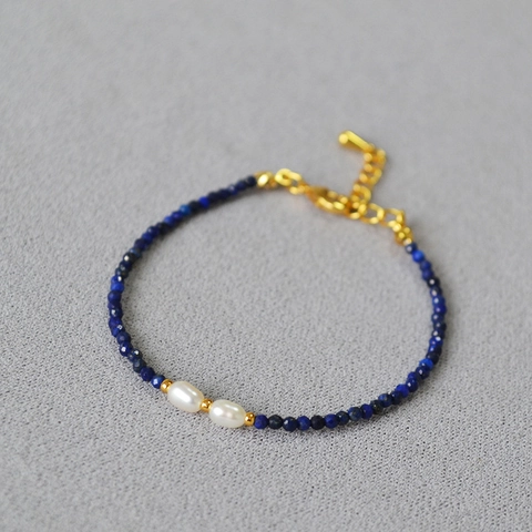 Bracciale Minimalista in Pietra Naturale e Perle d'Acqua Dolce da Donna Fatto a Mano Lapis Lazzuli Ametista Granato Spinello Nero Rame Placcato Oro