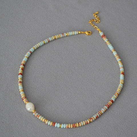 Exotic Retro Handmade Natural Stone Beaded Necklace With Freshwater Pearl Gold Plated Copper Jewelry For Women Vacation