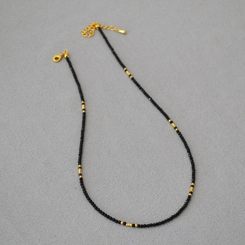 Minimalist Black Spinel Beaded Necklace For Women Handmade Copper Gold Plated Clavicle Chain Elegant Daily Jewelry