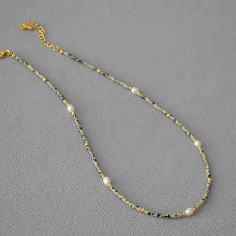 Collana Bracciale con Perline in Pietra Dalmata Vintage Con Perla d'Acqua Dolce Rame Placcato Oro Gioielli Estetici Donna