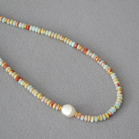 Exotic Retro Handmade Natural Stone Beaded Necklace With Freshwater Pearl Gold Plated Copper Jewelry For Women Vacation
