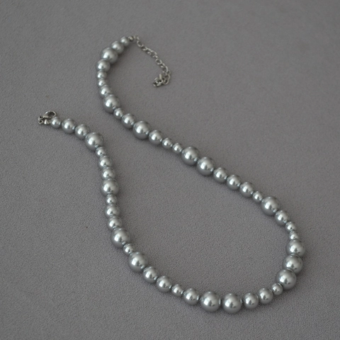 Vintage Silver Grey Artificial Pearl Gradient Round Bead Necklace For Women Niche Design Fashion Jewelry Accessories