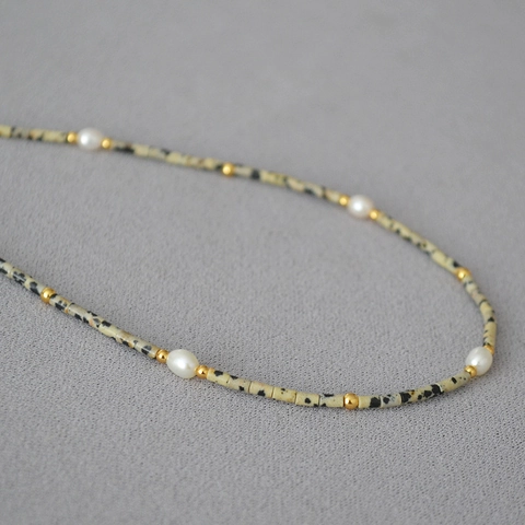 Collana Bracciale con Perline in Pietra Dalmata Vintage Con Perla d'Acqua Dolce Rame Placcato Oro Gioielli Estetici Donna