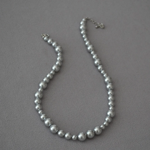 Vintage Silver Grey Artificial Pearl Gradient Round Bead Necklace For Women Niche Design Fashion Jewelry Accessories