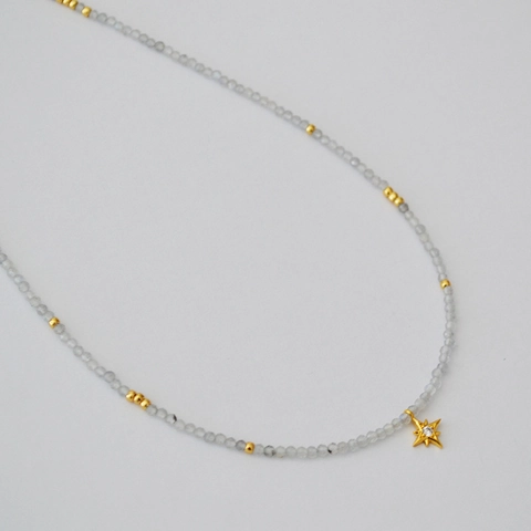 Collar de Cuentas de Piedra Lunar Hecho a Mano para Mujer Colgante de Estrella de Aleación Vintage Gargantilla de Strass