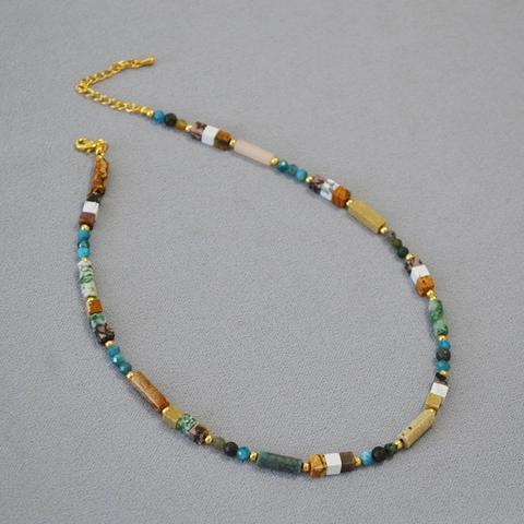 Retro Oil Painting Style Multi Color Natural Stone Beaded Necklace For Women Bohemian Handmade Geometric Beads Jewelry