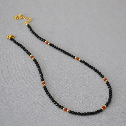 French Vintage Agate Beaded Necklace For Women Artistic Court Style Black Red Agate Beads Handmade Clavicle Chain Jewelry