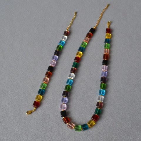 Collar de Cristal Artificial con Cuentas Cuadradas de Arcoíris Hecho a Mano Pulsera de Cuentas Geométricas de Colores Joyería para Mujer