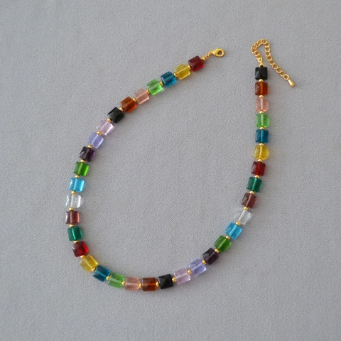 Collar de Cristal Artificial con Cuentas Cuadradas de Arcoíris Hecho a Mano Pulsera de Cuentas Geométricas de Colores Joyería para Mujer