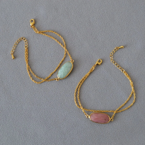 Vintage Brass Gold Plated Double Layer Bracelet For Women With Oval Amazonite Rhodonite Natural Stone Individual Jewelry