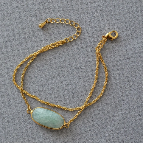 Vintage Brass Gold Plated Double Layer Bracelet For Women With Oval Amazonite Rhodonite Natural Stone Individual Jewelry