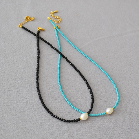 Collar de Cuentas de Perla de Agua Dulce Hecho a Mano para Mujer Barroco Irregular Turquesa Lapislázuli Espinela Negra Gargantilla Joyería Regalo