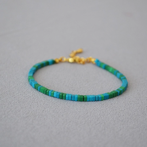 Bracciale Retrò con Perline Quadrate di Turchese Verde Muschio per Donna Ottone Placcato Oro Catena Geometrica Gioielli